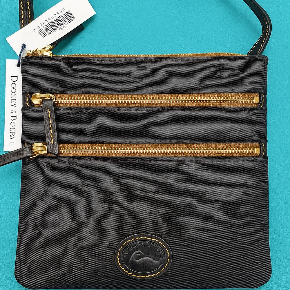 Dooney & Bourke Black and Gold Crossbody Bag with Double-Zip Detail NWT